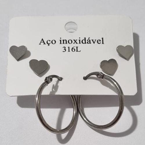 KIT BRINCO EM AÇO INOXIDÁVEL 316L ARGOLA 23MM E CORAÇÕES 8MM ACBR000107