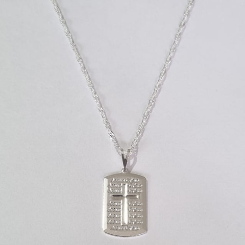 GARGANTILHA FOLHEADA A PRATA COM 50 MILÉSIMOS + VERNIZ DIAMOND CORRENTE SINGAPURA 45CM PINGENTE IMAGEM CRUCIFIXO ESCRITO JESUS CRISTO 13X20MM PRGG000816