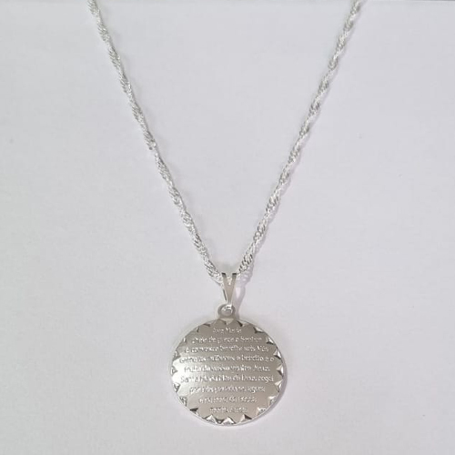 GARGANTILHA FOLHEADA A PRATA COM 50 MILÉSIMOS + VERNIZ DIAMOND CORRENTE SINGAPURA 45CM PINGENTE ORAÇÃO AVE MARIA 20MM PRGG000822