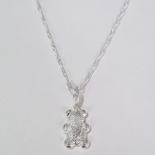 GARGANTILHA FOLHEADA A PRATA COM 50 MILÉSIMOS + VERNIZ DIAMOND CORRENTE SINGAPURA 45CM URSINHO COM ZIRCÔNIA 12MM PRGG000835