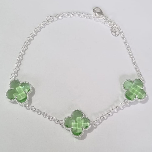 PULSEIRA FOLHEADA A PRATA COM 50 MILÉSIMOS + VERNIZ DIAMOND 19CM TREVO VERDE CLARO 13MM+ EXTENSOR PRPS000516