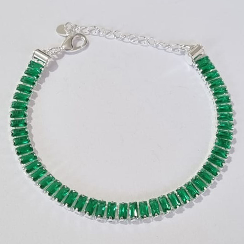 PULSEIRA FOLHEADA A PRATA COM 50 MILÉSIMOS + VERNIZ DIAMOND 16CM COM ZIRCÔNIAS VERDES + EXTENSOR FECHO LAGOSTA PRPS000549