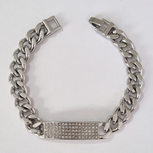 PULSEIRA EM AÇO INOXIDÁVEL 316L 19CM COM PLACA 10MM MICRO ZIRCÔNIAS LARGURA 8MM COM TRAVA ACPS000336