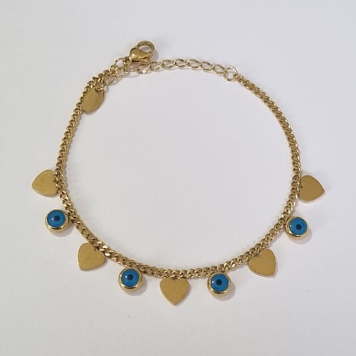 PULSEIRA EM AÇO INOXIDÁVEL CORAÇÕES LISOS E OLHO GREGO 17CM + EXTENSOR FECHO LAGOSTA ACPS000344