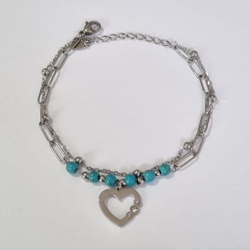 PULSEIRA EM AÇO INOXIDÁVEL 316L DUPLA CORAÇÃO VAZADO COM MICRO ZIRCÔNIAS E  PEDRAS AZUÍS 17CM + EXTENSOR FECHO LAGOSTA ACPS000347