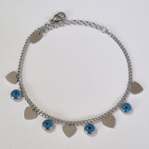 PULSEIRA EM AÇO INOXIDÁVEL 17CM COM CORAÇÕES LISOS E OLHOS GREGOS + EXTENSOR FECHO LAGOSTA ACPS000358
