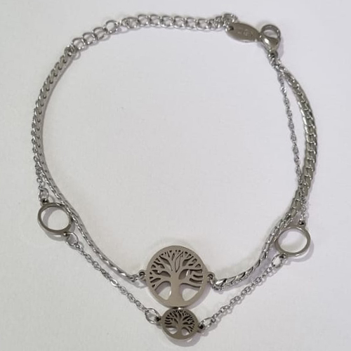 PULSEIRA EM AÇO INOXIDÁVEL 17CM DUPLA COM CÍRCULOS VAZADOS E ÁRVORE DA VIDA + EXTENSOR FECHO LAGOSTA ACPS000359