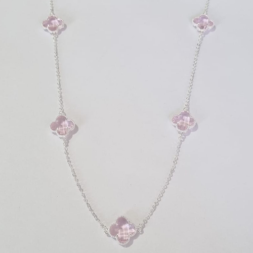 GARGANTILHA FOLHEADA A PRATA COM 50 MILÉSIMOS + VERNIZ DIAMOND CORRENTE 50CM TREVO ROSA 13MM PRGG000897