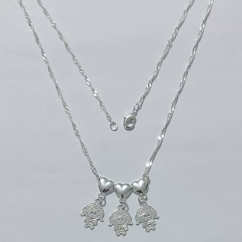 GARGANTILHA FOLHEADA A PRATA COM 50 MILÉSIMOS + VERNIZ DIAMOND CORRENTE SINGAPURA 45CM CANGA CORAÇÕES LISOS 3 MENINAS 22MM PRGG000904