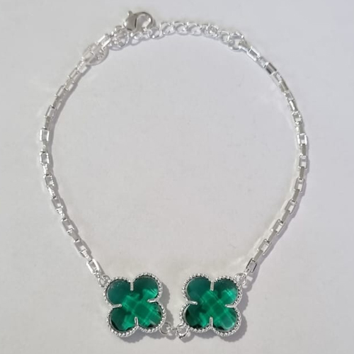 PULSEIRA FOLHEADA A PRATA COM 50 MILÉSIMOS + VERNIZ DIAMOND TIJOLINHO 18CM 2 TREVO VERDE 13MM+ EXTENSOR PRPS000588