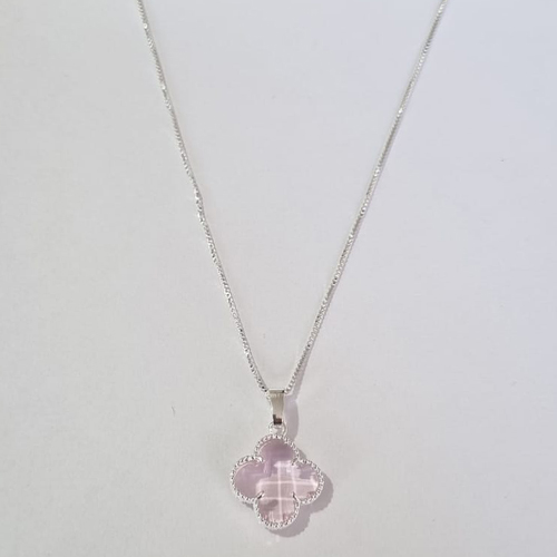GARGANTILHA FOLHEADA A PRATA COM 50 MILÉSIMOS + VERNIZ DIAMOND 45CM CORRENTE VENEZIANA TREVO ROSA VIDRO 13MM PRGG000961