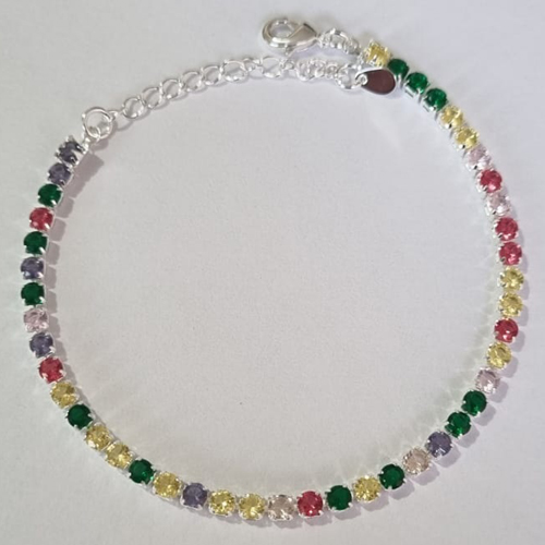 PULSEIRAS FOLHEADA A PRATA COM 50 MILÉSIMOS + VERNIZ DIAMOND RIVIÉRA 17CM COM MICRO ZIRCÔNIAS COLORIDAS + EXTENSOR PRPS000592