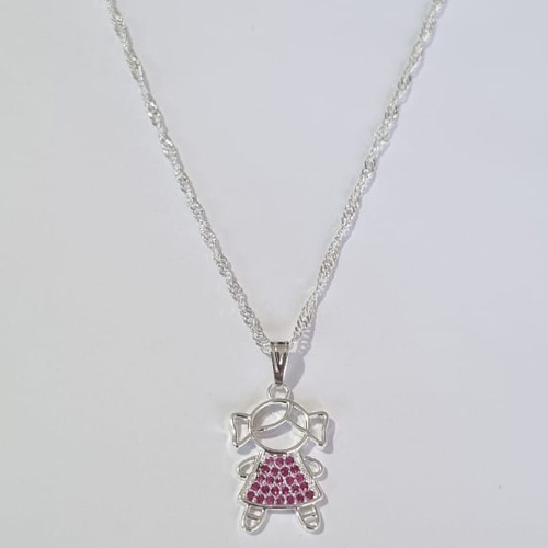 GARGANTILHA FOLHEADA A PRATA COM 50 MILÉSIMOS + VERNIZ DIAMOND 45CM CORRENTE SINGAPURA MENINA LACINHO COM MICRO ZIRCÔNIAS 12MM PRGG000971