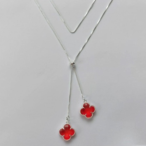 GARGANTILHA FOLHEADA A PRATA COM 50 MILÉSIMOS + VERNIZ DIAMOND CORRENTE VENEZIANA GRAVATINHA 60CM TREVO VERMELHO 13MM PRGG000977(PRA252)