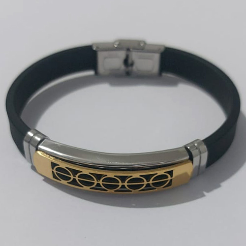 PULSEIRA  EM AÇO INOXIDÁVEL 316L EMBORRACHADA 20CM LARGURA 10MM COM TRAVA CÍRCULOS VAZADOS DOURADO ACPS000375