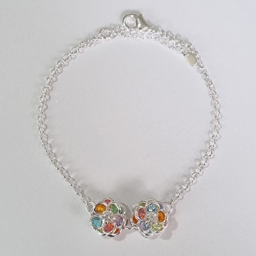 PULSEIRA FOLHEADA A PRATA COM 50 MILÉSIMOS + VERNIZ DIAMOND 18CM COM 2 FLORES DE ZIRCÔNIAS COLORIDAS 11MM + EXTENSOR FECHO LAGOSTA PRPS000639