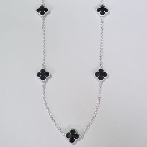 GARGANTILHA FOLHEADA A PRATA COM 50 MILÉSIMOS + VERNIZ DIAMOND CORRENTE 55CM TREVO PRETO VIDRO 13MM PRGG000993