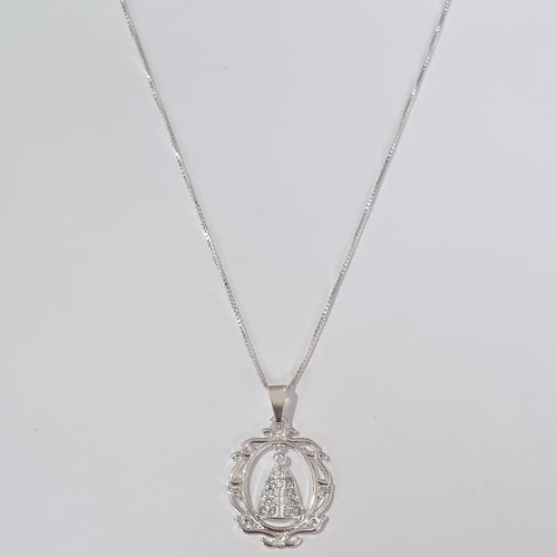 GARGANTILHA FOLHEADA A PRATA COM 50 MILÉSIMOS + VERNIZ DIAMOND CORRENTE 42CM NOSSA SENHORA APARECIDA CRAVEJADO COM MICRO ZIRCÔNIAS 19MM + EXTENSOR FECHO LAGOSTA PRGG001004