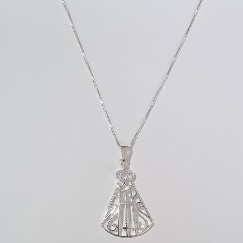 GARGANTILHA FOLHEADA A PRATA COM 50 MILÉSIMOS + VERNIZ DIAMOND CORRENTE L-11  42CM NOSSA SENHORA APARECIDA VAZADA GRANDE 21MM + EXTENSOR FECHO LAGOSTA PRGG001006