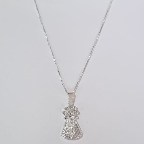 GARGANTILHA FOLHEADA A PRATA COM 50 MILÉSIMOS + VERNIZ DIAMOND CORRENTE l-11  42CM NOSSA SENHORA APARECIDA COROA 13MM + EXTENSOR FECHO LAGOSTA PRGG001007