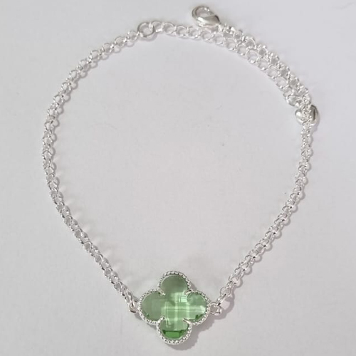 PULSEIRA FOLHEADA A PRATA COM 50 MILÉSIMOS + VERNIZ DIAMOND ELLO PORTUGUÊS 17CM TREVO VERDE VIDRO 13MM +EXTENSOR PRPS000686