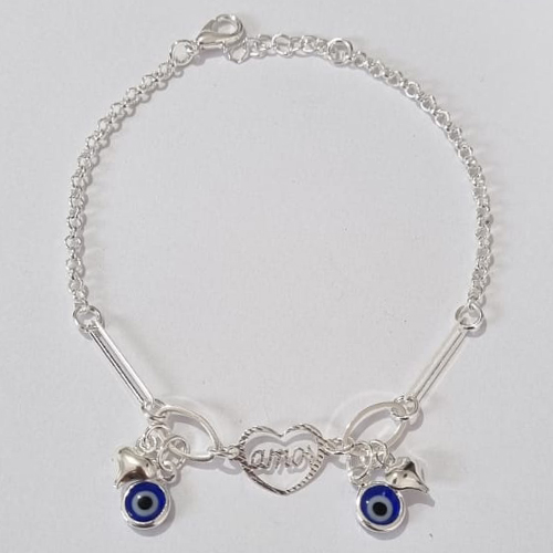 PULSEIRA FOLHEADA A PRATA COM 50 MILÉSIMOS + VERNIZ DIAMOND - PULSEIRA COM OLHOS GREGOS E CORAÇÃO VAZADO COM PALAVRA AMOR 18CM COM EXTENSOR PRPS000745