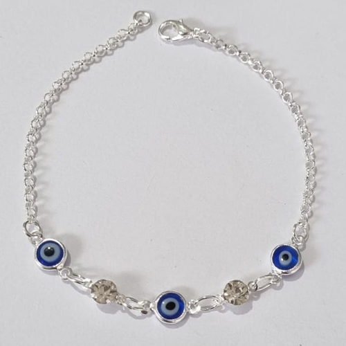 PULSEIRA FOLHEADA A PRATA COM 50 MILÉSIMOS + VERNIZ DIAMOND - PULSEIRA COM CRISTAIS E OLHOS GREGOS - 18CM - PRPS000747