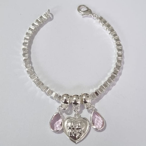 PULSEIRA FOLHEADA A PRATA COM 50 MILÉSIMOS + VERNIZ DIAMOND 16CM PINGENTE CORAÇÃO CASAL 16MM E 2 PEDRAS CRISTAL ROSA 8MM FECHO LAGOSTA PRPS000790