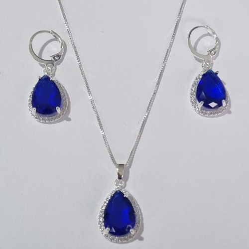 CONJUNTO FOLHEADO A PRATA COM 50 MILÉSIMOS  + VERNIZ DIAMOND CORRENTE VENEZIANA 45CM PINGENTE ALTA FUSÃO CRAVEJADO COM ZIRCÔNIA AZUL ESCURO 13X17MM  E BRINCOS COM ARGOLA DE PRESSÃO ALTA FUSÃO CRAVEJADO COM ZIRCÔNIA AZUL ESCURO 13X17MM PRCJ000063