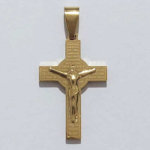 PINGENTE EM AÇO INOXIDÁVEL 316L CRUCIFIXO DOURADO ALTO RELEVO 20X30MM ACPG000052