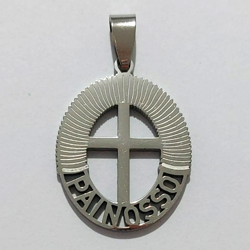 PINGENTE EM AÇO INOXIDÁVEL 316L OVAL VAZADO CRUCIFICO ESCRITO PAI NOSSO 22MM ACPG000061