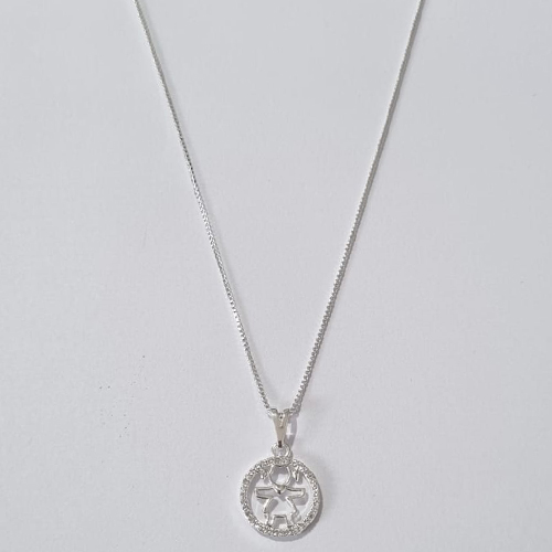 GARGANTILHA FOLHEADA A PRATA COM 50 MILÉSIMOS + VERNIZ DIAMOND CORRENTE VENEZIANA 45CM PINGENTE MENINA CÍRCULO COM MICRO ZIRCÔNIAS 13MM PRGG001038