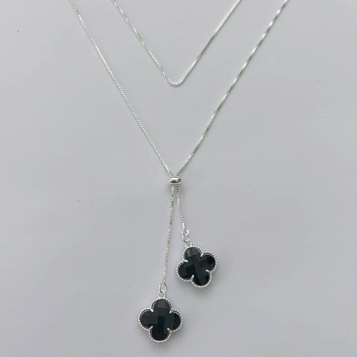 GARGANTILHA FOLHEADA A PRATA COM 50 MILÉSIMOS + VERNIZ DIAMOND CORRENTE VENEZIANA GRAVATINHA 60CM TREVO PRETO 13MM PRGG001056
