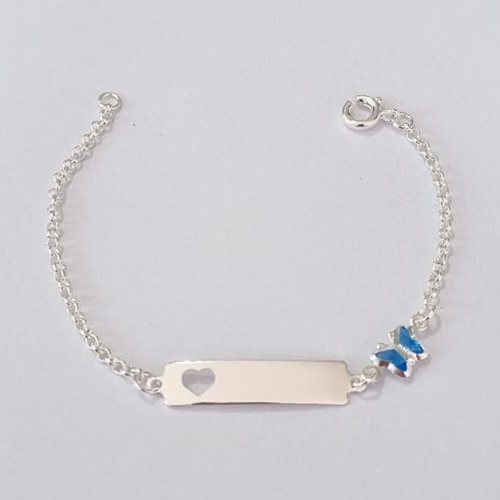 PULSEIRA FOLHEADA A PRATA COM 50 MILÉSIMOS + VERNIZ DIAMOND INFANTIL 12CM CHAPINHA COM BORBOLETA CRISTAL AZUL PRPS000807