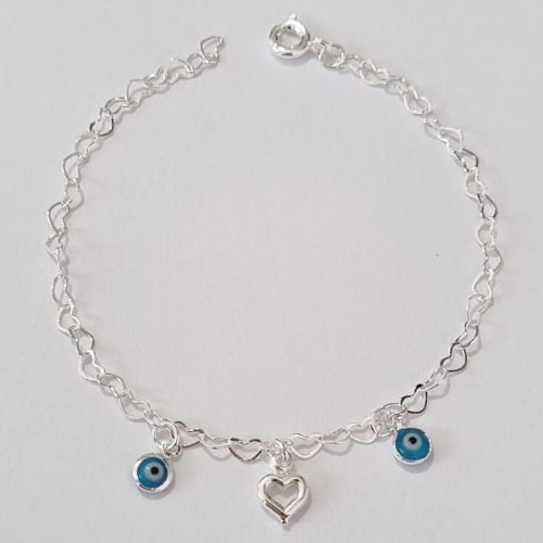 PULSEIRA FOLHEADA A PRATA COM 50 MILÉSIMOS + VERNIZ DIAMOND INFANTIL PULSEIRA CORAÇÃO 15CM CORAÇÃO VAZADO E OLHOS GREGOS PRPS000808