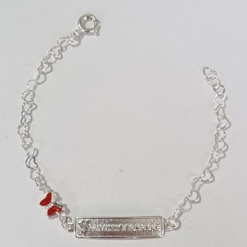 PULSEIRA FOLHEADA A PRATA COM 50 MILÉSIMOS + VERNIZ DIAMOND INFANTIL PULSEIRA CORAÇÕES 13CM CHAPINHA ANJIMHO DA MAMÃE COM BORBOLETA DE PEDRA CRISTAL VERMELHA PRPS000812