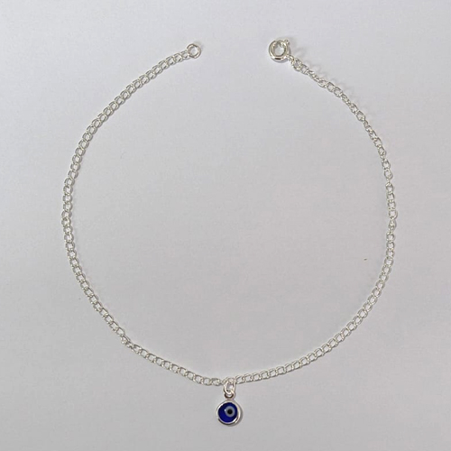 TORNOZELEIRA FOLHEADA A PRATA COM 50 MILÉSIMOS + VERNIZ DIAMOND - TORNOZELEIRA 22CM COM PINGENTE OLHO GREGO - FECHO LAGOSTA PRTO000088