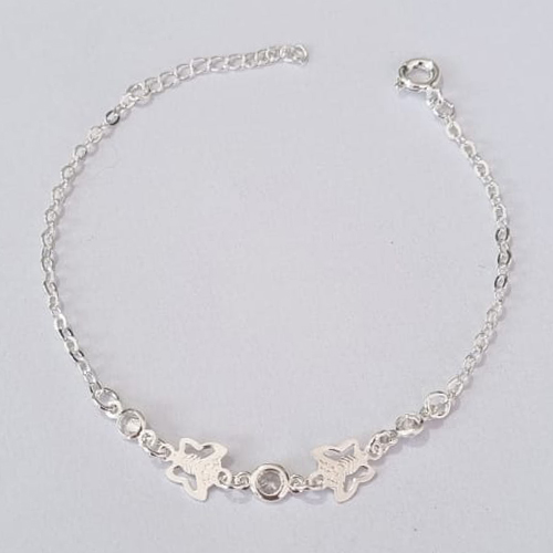 PULSEIRA FOLHEADA A PRATA COM 50 MILÉSIMOS + VERNIZ DIAMOND PULSEIRA INFANTIL CORAÇÕES 14CM BORBOLETAS E PEDRA CRISTAL+ EXTENSOR PRPS000814
