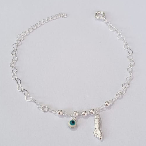 PULSEIRA FOLHEADA A PRATA COM 50 MILÉSIMOS + VERNIZ DIAMOND INFANTIL 13CM PULSEIRA INFANTIL CORAÇÕES COM BOLINHAS FIGA E OLHO GREGO + EXTENSOR PRPS000815