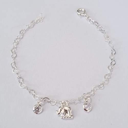PULSEIRA FOLHEADA A PRATA COM 50 MILÉSIMOS + VERNIZ DIAMOND 15CM PULSEIRA INFANTIL CORAÇÕES ELEFANTINHO E PEDRAS CRISTAIS PRPS000816