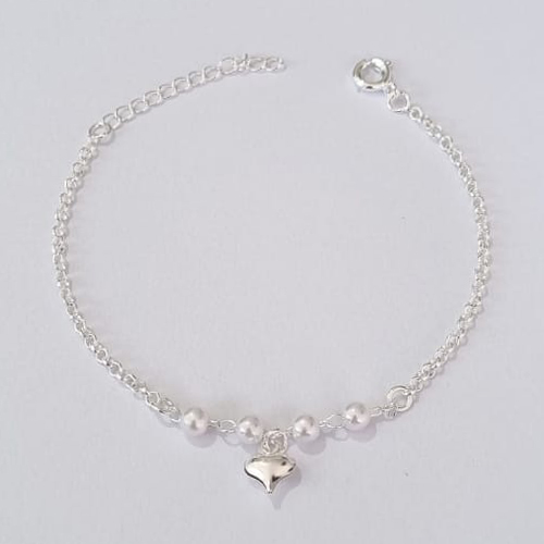 PULSEIRA FOLHEADA A PRATA COM 50 MILÉSIMOS + VERNIZ DIAMOND INFANTIL 14CM PÉROLAS E CORAÇÃO LISO + EXTENSOR PRPS000818