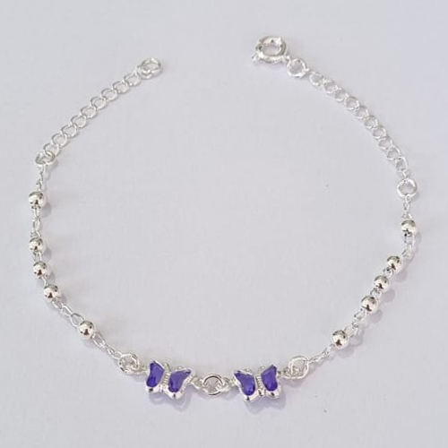 PULSEIRA FOLHEADA A PRATA COM 50 MILÉSIMOS + VERNIZ DIAMOND INFANTIL 13CM BOLINHAS E BORBOLETAS PEDRAS CRISTAIS  LILÁS + EXTENSOR PRPS000821