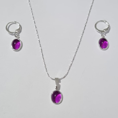 CONJUNTO FOLHEADO A PRATA COM 50 MILÉSIMOS + VERNIZ DIAMOND CORRENTE L-11 42CM PINGENTE PEDRA CRISTAL ROXA 8MM E BRINCOS COM ARGOLA DE PRESSÃO PEDRA CRISTAL ROXA 8MM PRCJ000073