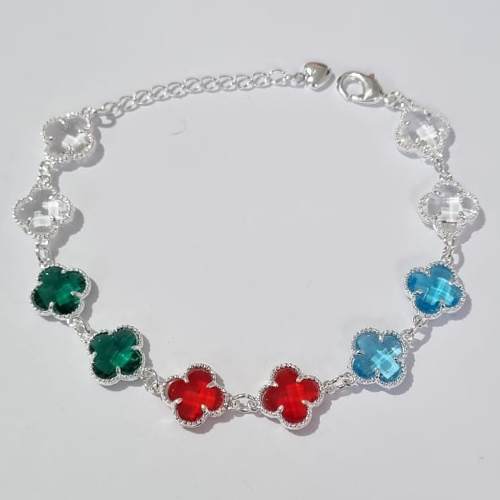 PULSEIRA FOLHEADA A PRATA COM 50 MILÉSIMOS + VERNIZ DIAMOND 16CM TREVO COLORIDOS VIDRO 10MM FECHO LAGOSTA + EXTENSOR PRPS000862