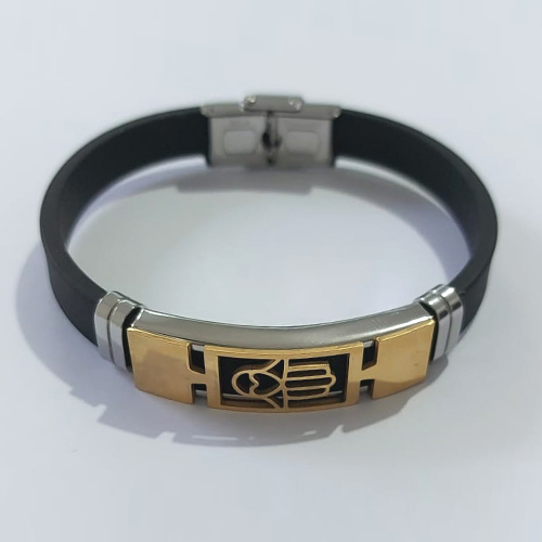 PULSEIRA EM AÇO INOXIDÁVEL EMBORRACHADA 20CM LARGURA 10MM COM TRAVA DESENHO MÃO HAMSÁ DOURADO ACPS000420