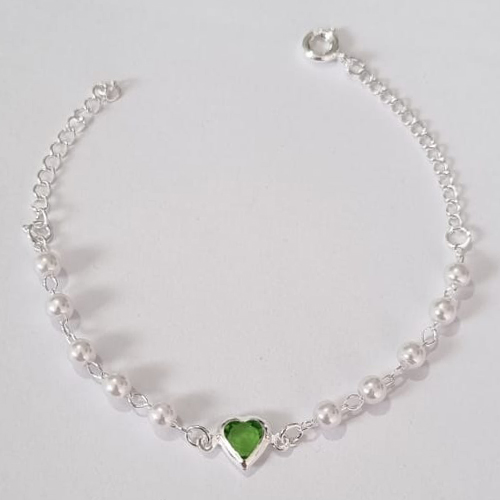 PULSEIRA FOLHEADA A PRATA COM 50 MILÉSIMOS + VERNIZ DIAMOND INFANTIL 15CM PÉROLAS COM CORAÇÃO PEDRA CRISTAL VERDE PRPS000878