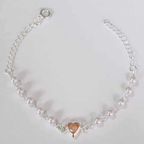 PULSEIRA FOLHEADA A PRATA COM 50 MILÉSIMOS + VERNIZ DIAMOND INFANTIL 15CM PÉROLAS COM CORAÇÃO PEDRA CRISTAL LARANJA PRPS000879