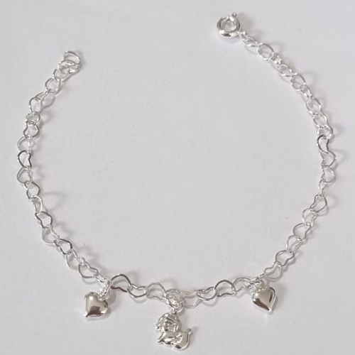 PULSEIRA FOLHEADA A PRATA COM 50 MILÉSIMOS + VERNIZ DIAMOND INFANTIL 15CM CORAÇÕES E PET PRPS000881