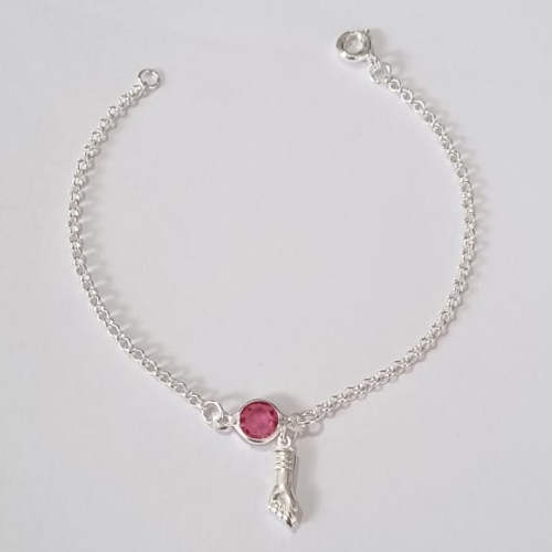 PULSEIRA FOLHEADA A PRATA COM 50 MILÉSIMOS + VERNIZ DIAMOND INFANTIL 14CM PEDRA CRISTAL ROSA E FIGA PRPS000885