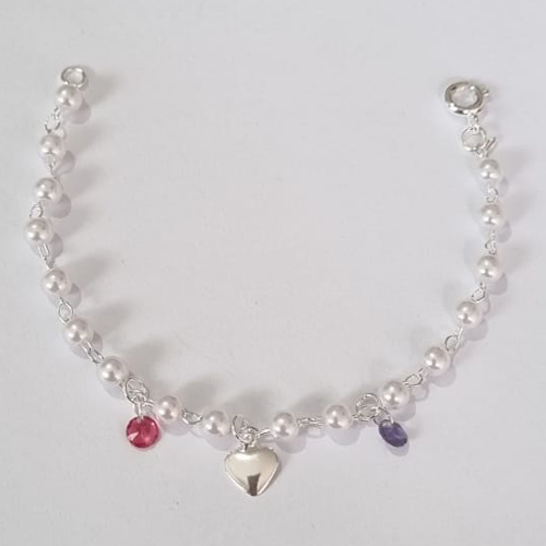PULSEIRA FOLHEADA A PRATA COM 50 MILÉSIMOS + VERNIZ DIAMOND INFANTIL 12CM PÉROLAS E CORAÇÃO PRPS000888